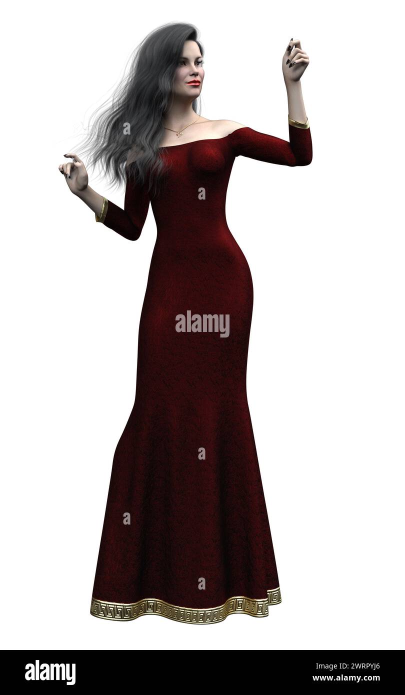 Mysterious woman with black hair in red dress, 3D illustration. Stock Photo