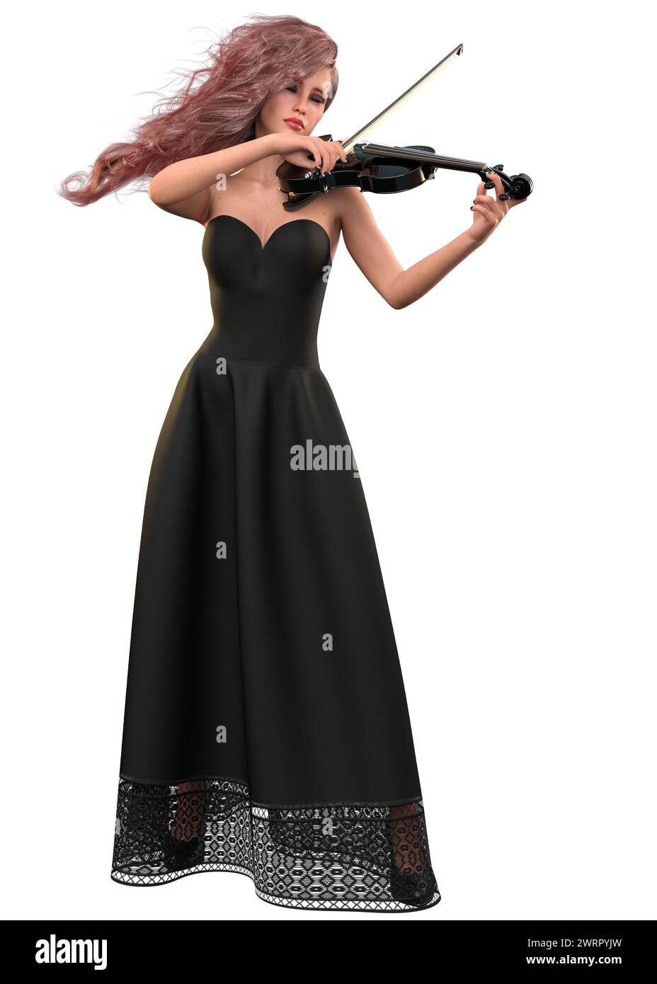Female violin player in long black dress, 3D Illustration. Stock Photo