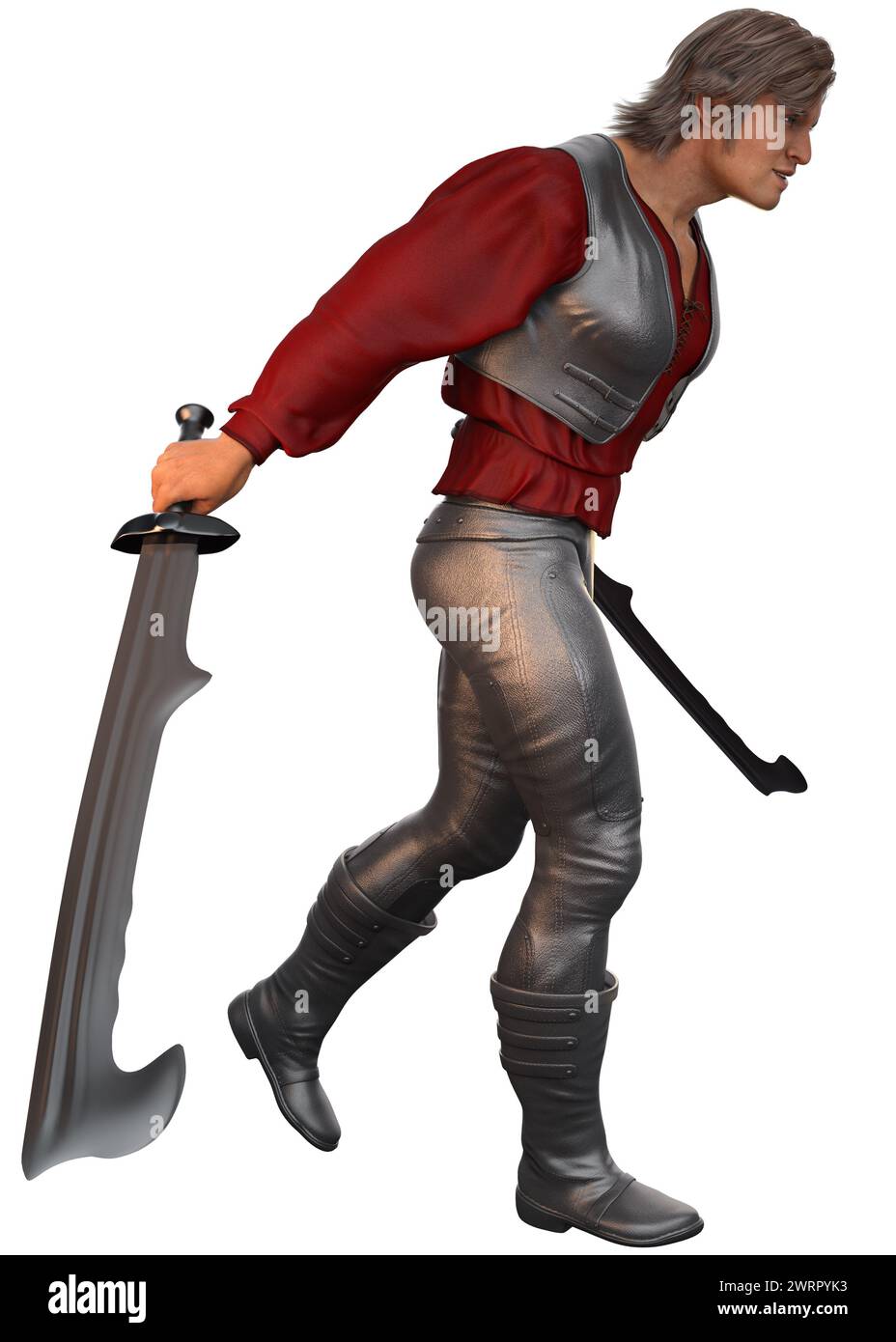 Medieval man warrior in red shirt with two blades, 3D Illustration. Stock Photo
