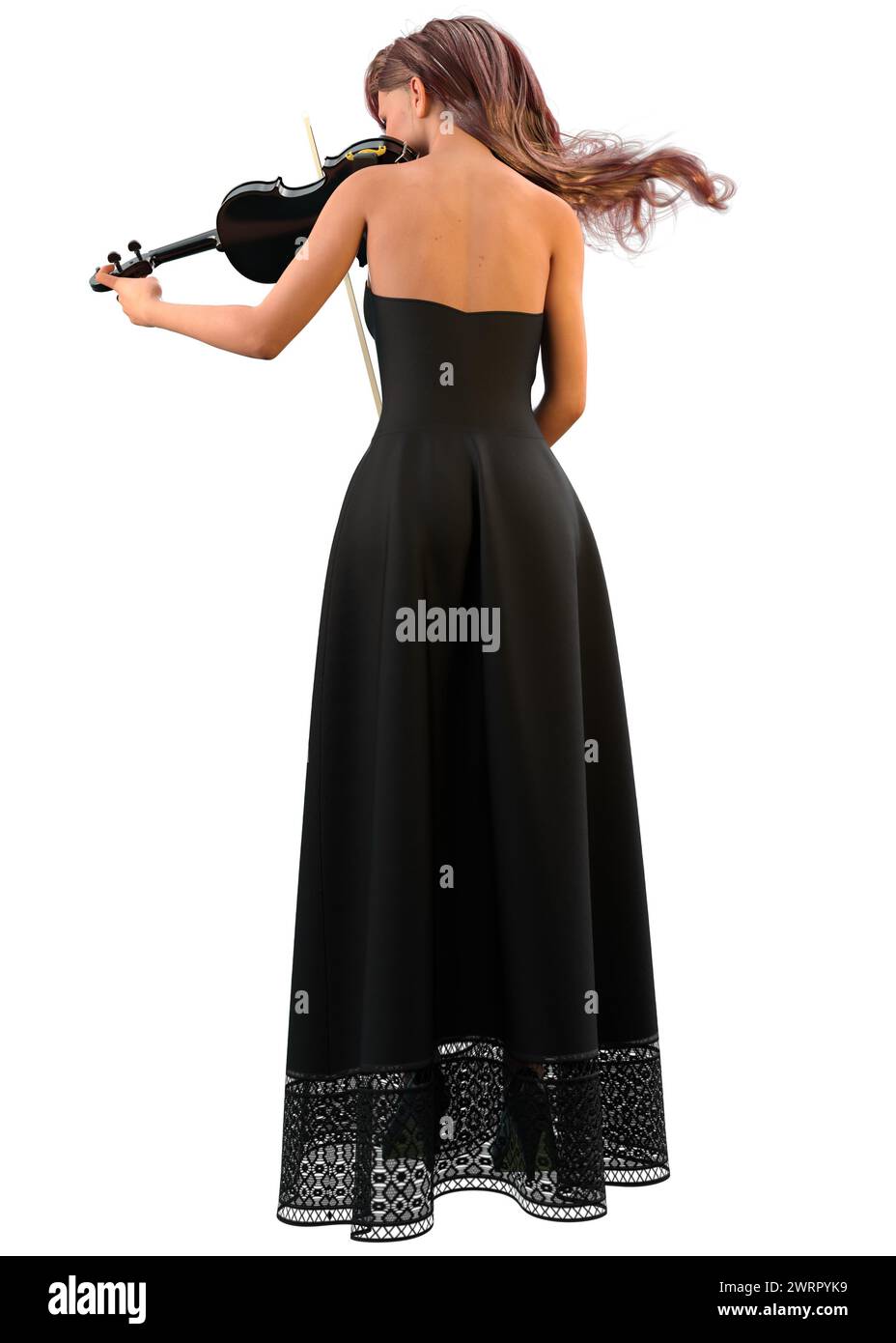 Female violin player in long black dress, 3D Illustration. Stock Photo