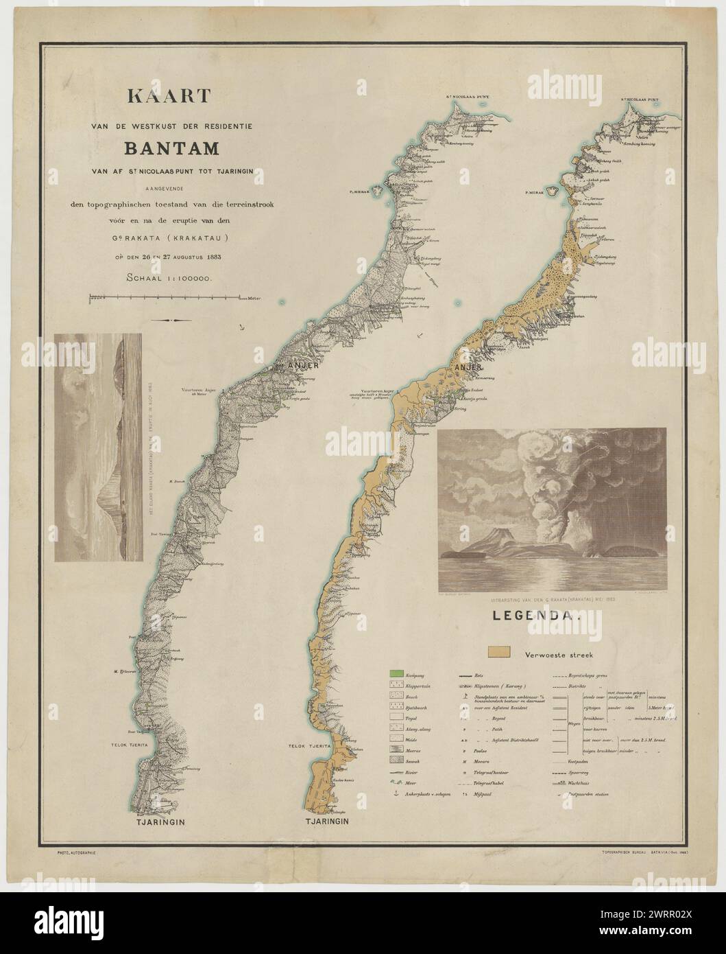 Map of Bantam Westcoast describing the impact of the eruption of Mount Krakatoa 1883 Stock Photo