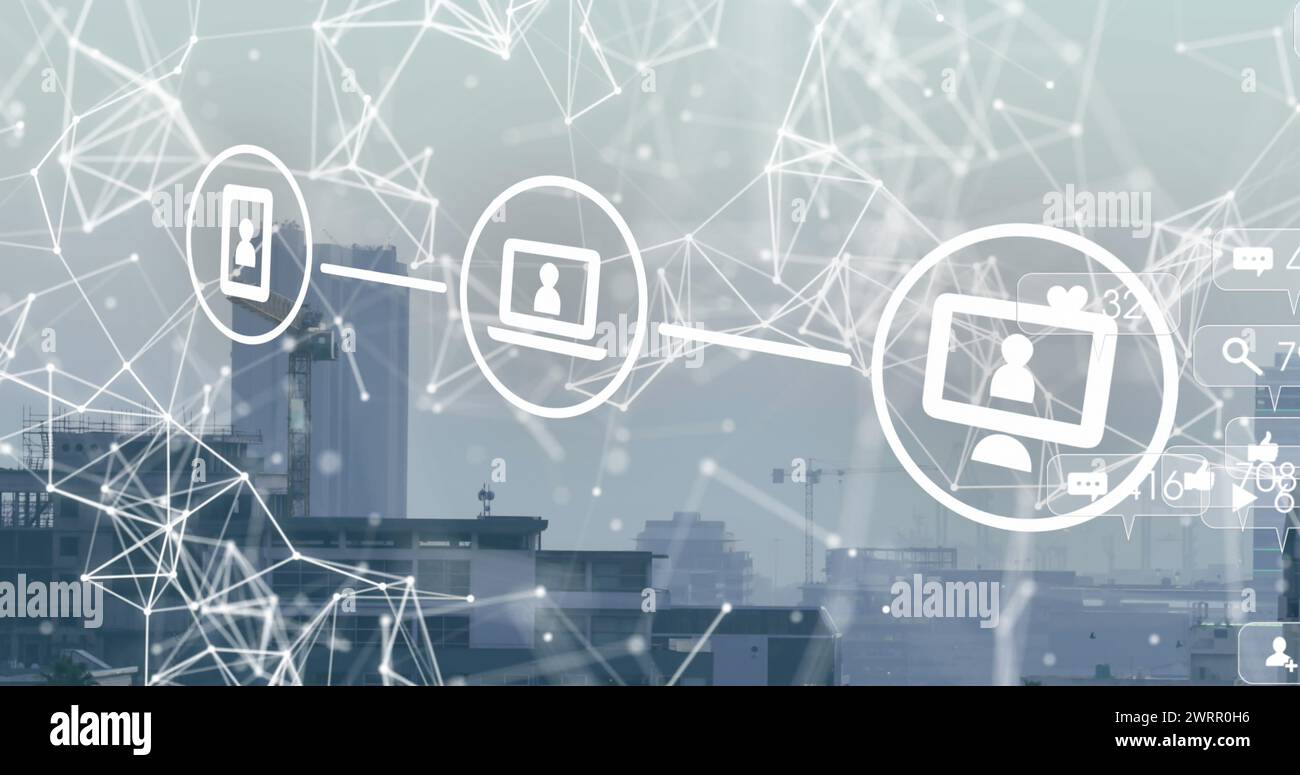 Image of media icons and shapes over cityscape Stock Photo - Alamy
