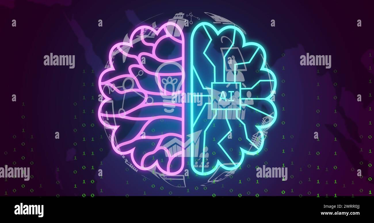 Image of ai chat and data processing over globe on purple background Stock Photo