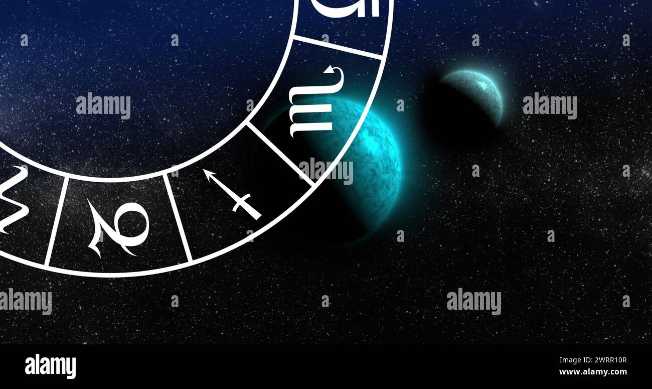 Image of green planets and zodiac in black space Stock Photo