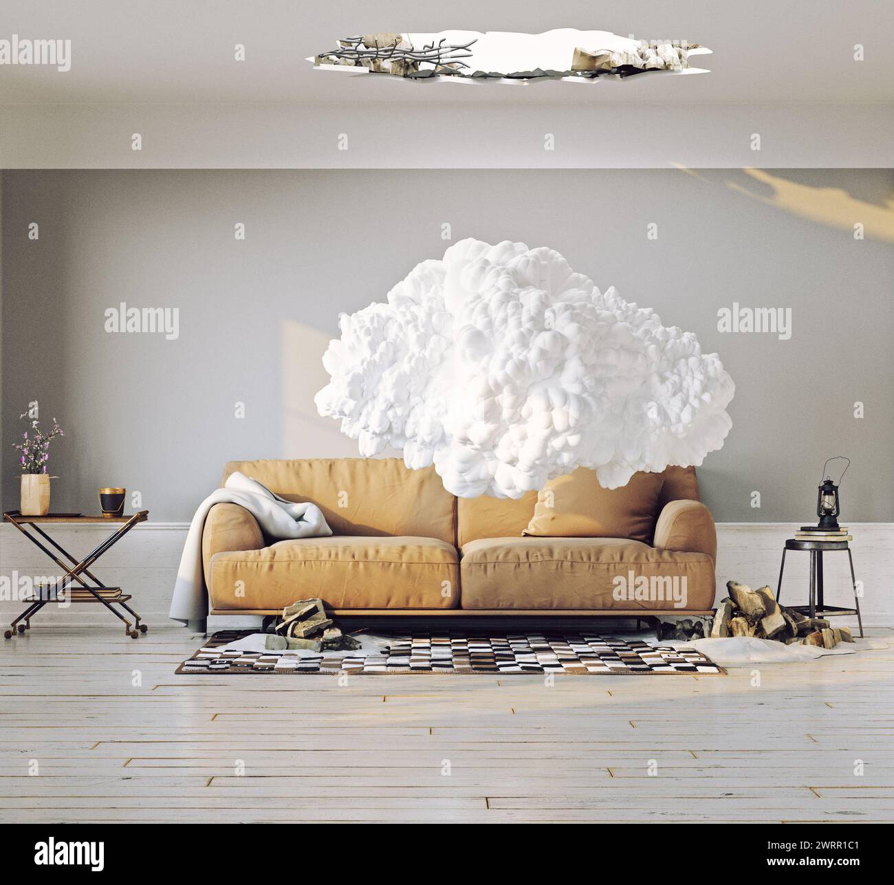 cloud in the room. 3d creative concept rendering Stock Photo