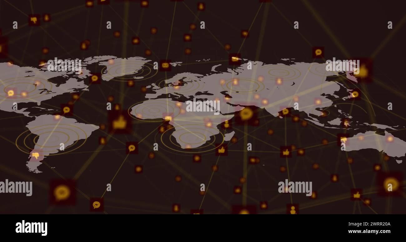 Network of digital icons against world map on black background Stock ...