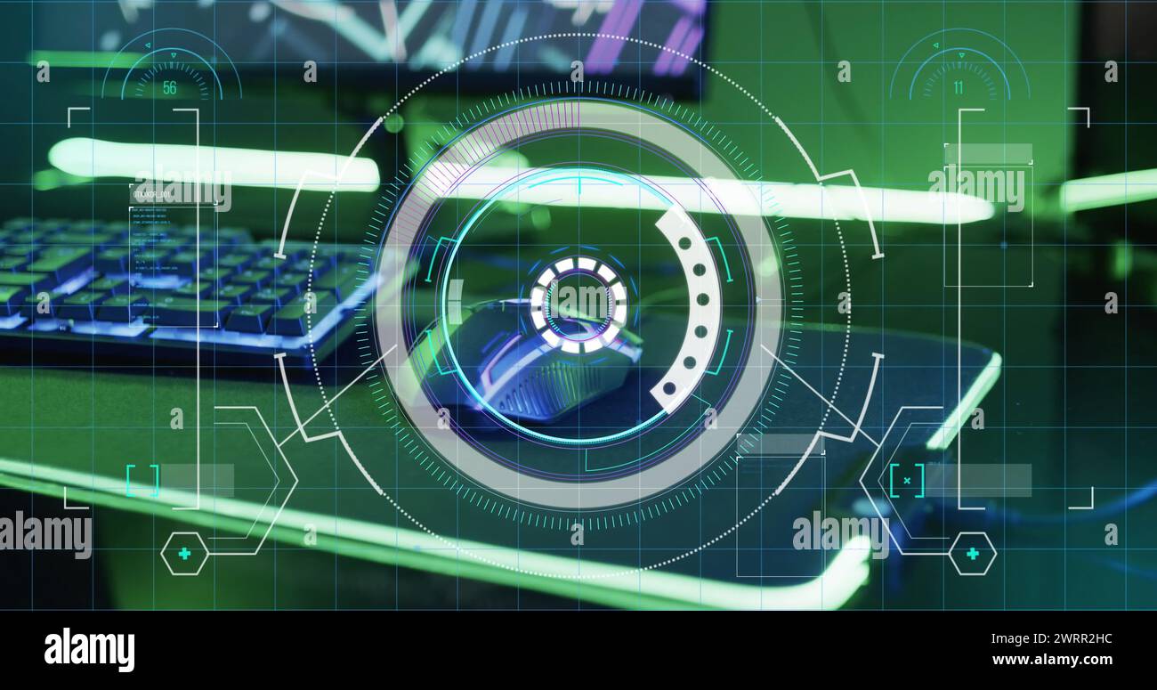 Image of scope and data processing over image game computer equipment Stock Photo