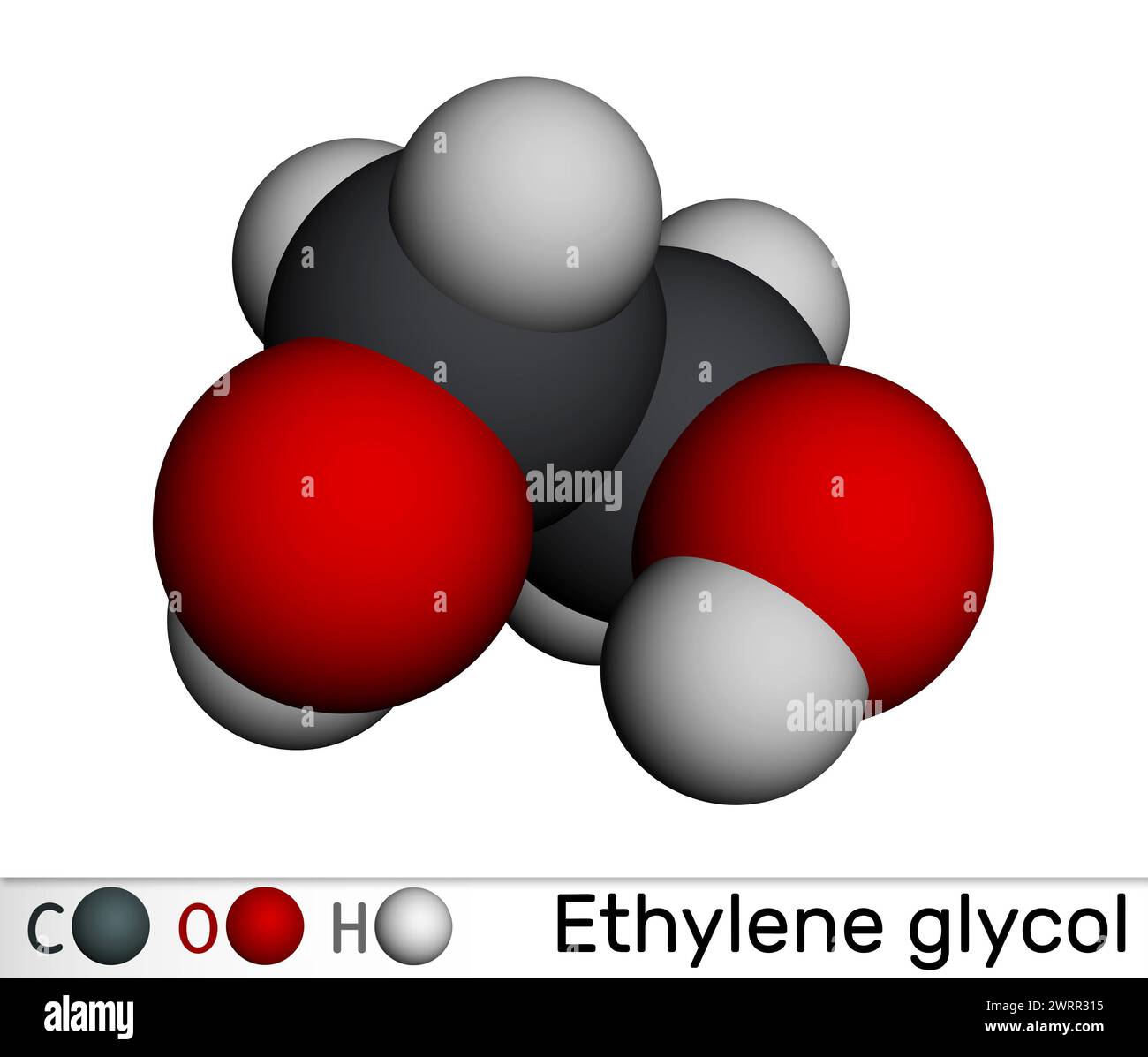 Ethylene glycol, diol molecule. Used for manufacture of polyester fibers and for antifreeze formulations. Molecular model. 3D rendering. Illustration Stock Photo