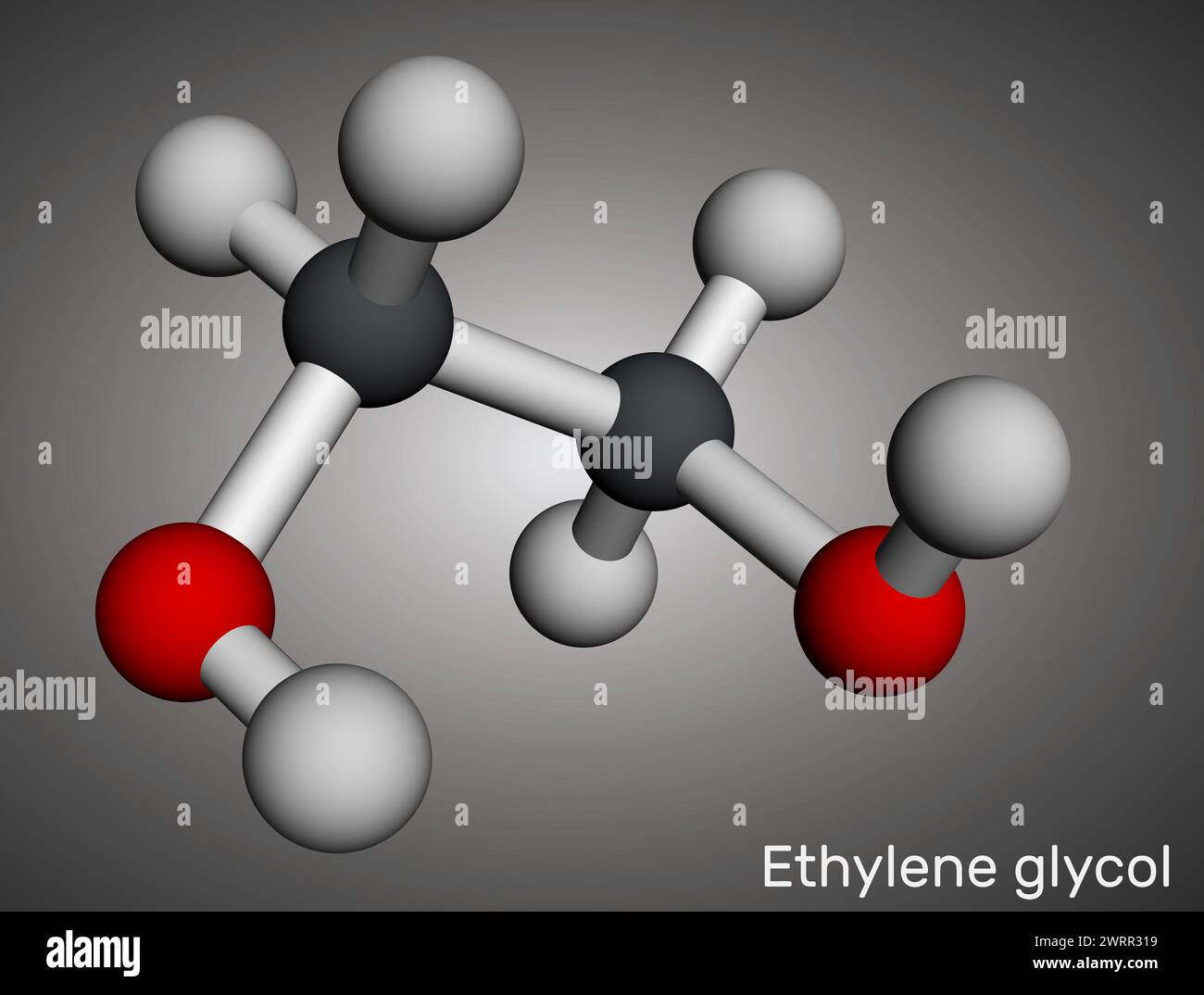 Ethylene glycol, diol molecule. Used for manufacture of polyester fibers and for antifreeze formulations. Molecular model. 3D rendering Stock Photo