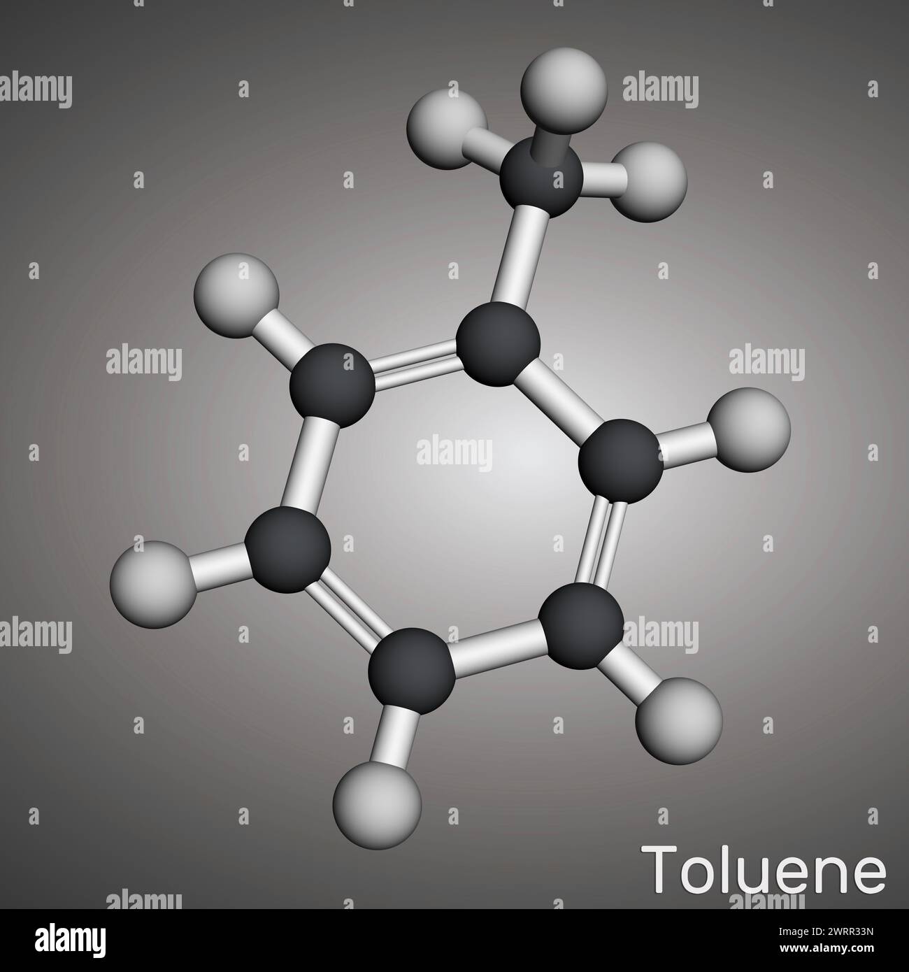 Toluene, toluol C7H8  molecule. Methylbenzene, aromatic hydrocarbon. Molecular model. 3D rendering. Illustration Stock Photo