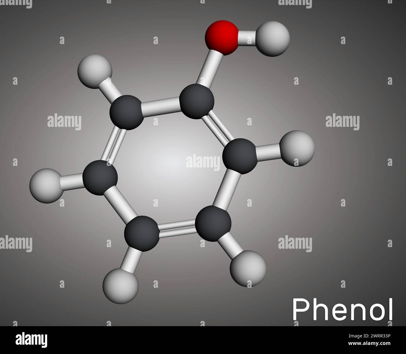 Phenol, carbolic acid molecule. Molecular model. 3D rendering