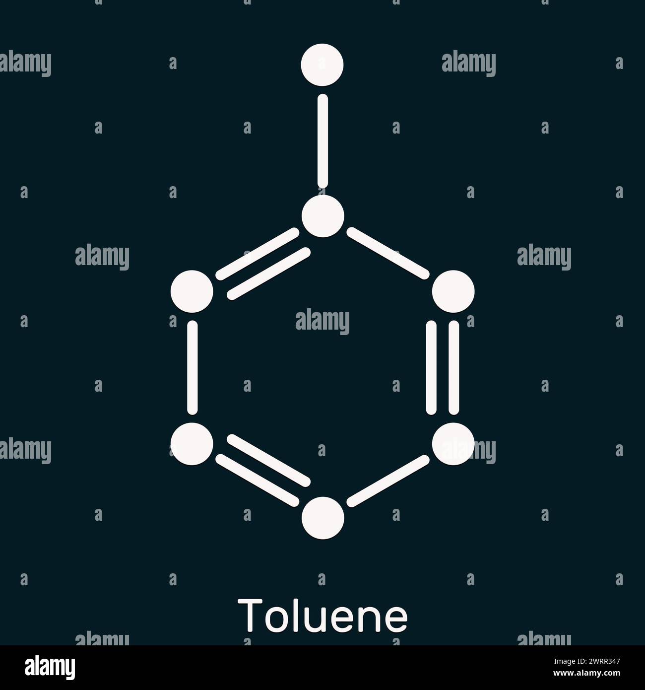 Toluene, toluol C7H8  molecule. Methylbenzene, aromatic hydrocarbon. Skeletal chemical formula on the dark blue background. Illustration Stock Photo