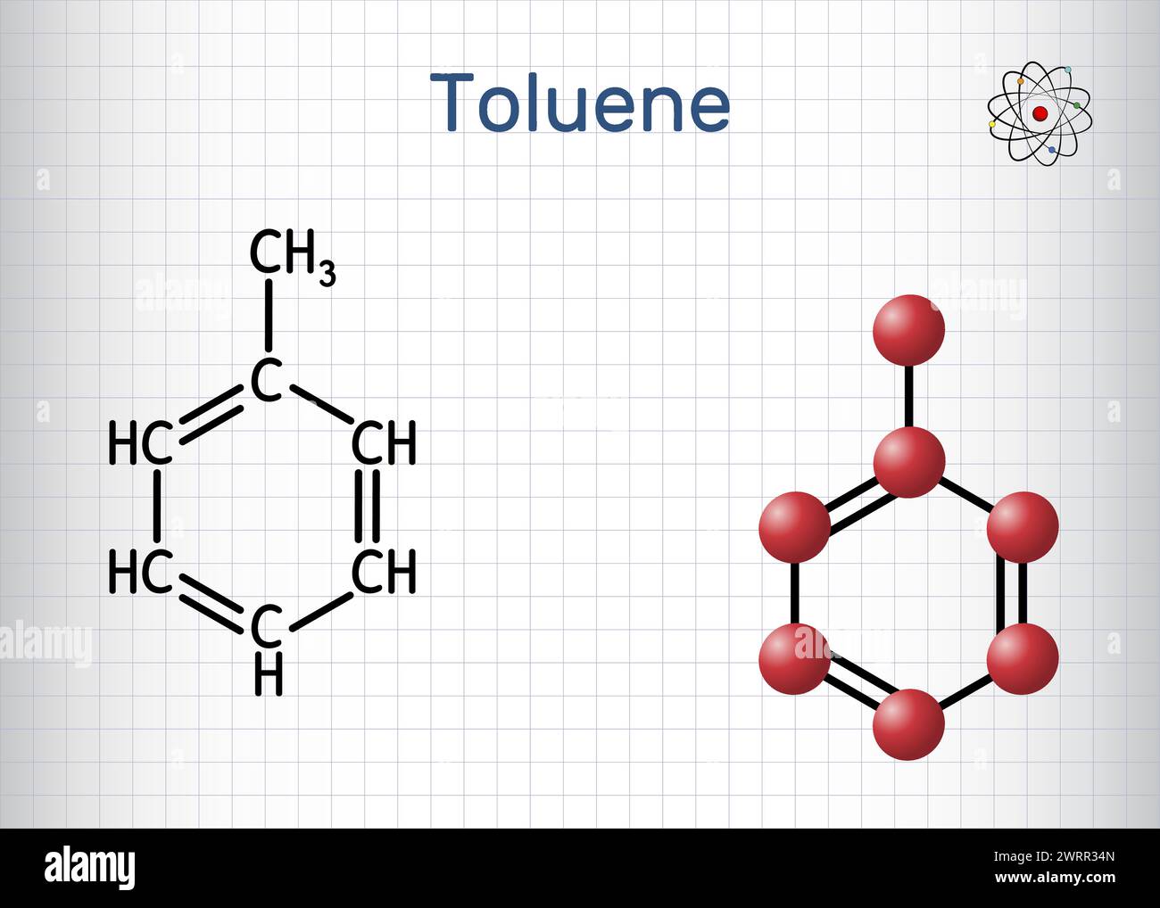 Toluene, toluol C7H8  molecule. Methylbenzene, aromatic hydrocarbon. Structural chemical formula and molecule model. Sheet of paper in a cage. Vector Stock Vector