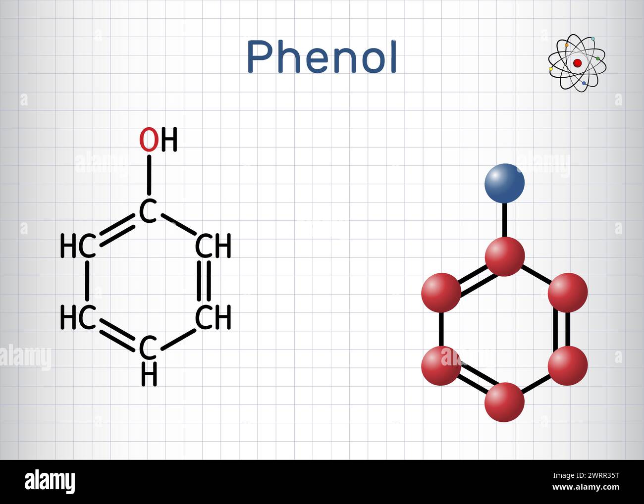 Phenol, carbolic acid molecule. Structural chemical formula, molecule