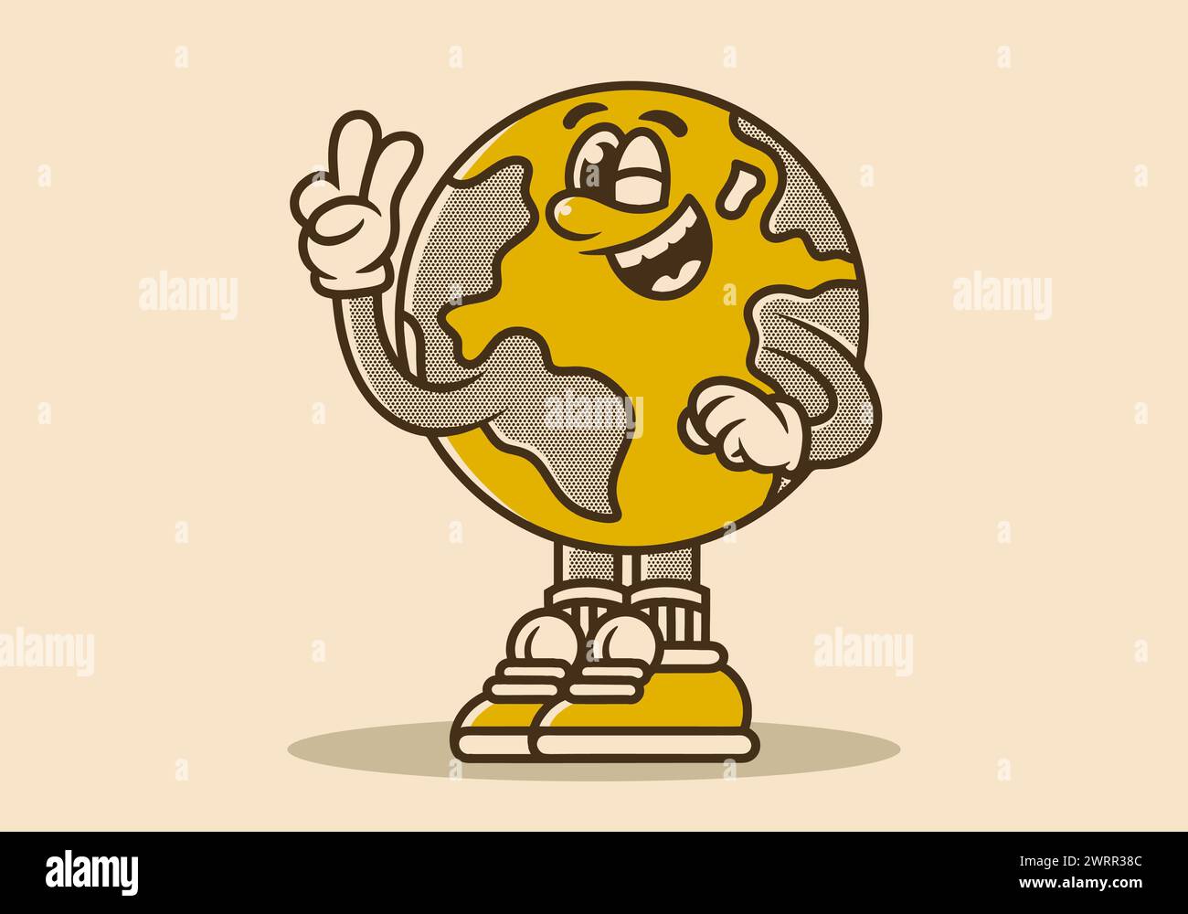 Mascot character illustration of earth with hands forming a symbol of peace. Vintage colors Stock Vector