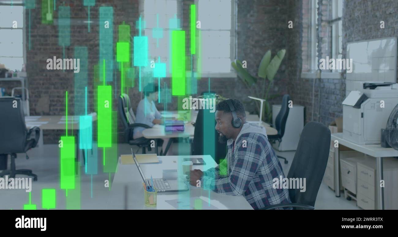 Image of data processing and diagrams over diverse colleagues working ...