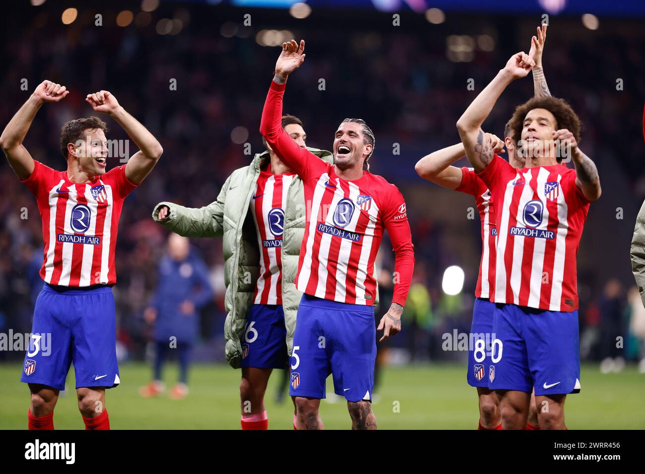 Cesar Azpilicueta, Rodrigo De Paul, Axel Witsel of Atletico de Madrid celebrate at full time during the UEFA Champions League, Round of 16, 2nd leg football match between Atletico de Madrid and FC Internazionale on March 13, 2024 at Civitas Metropolitano stadium in Madrid, Spain Stock Photo