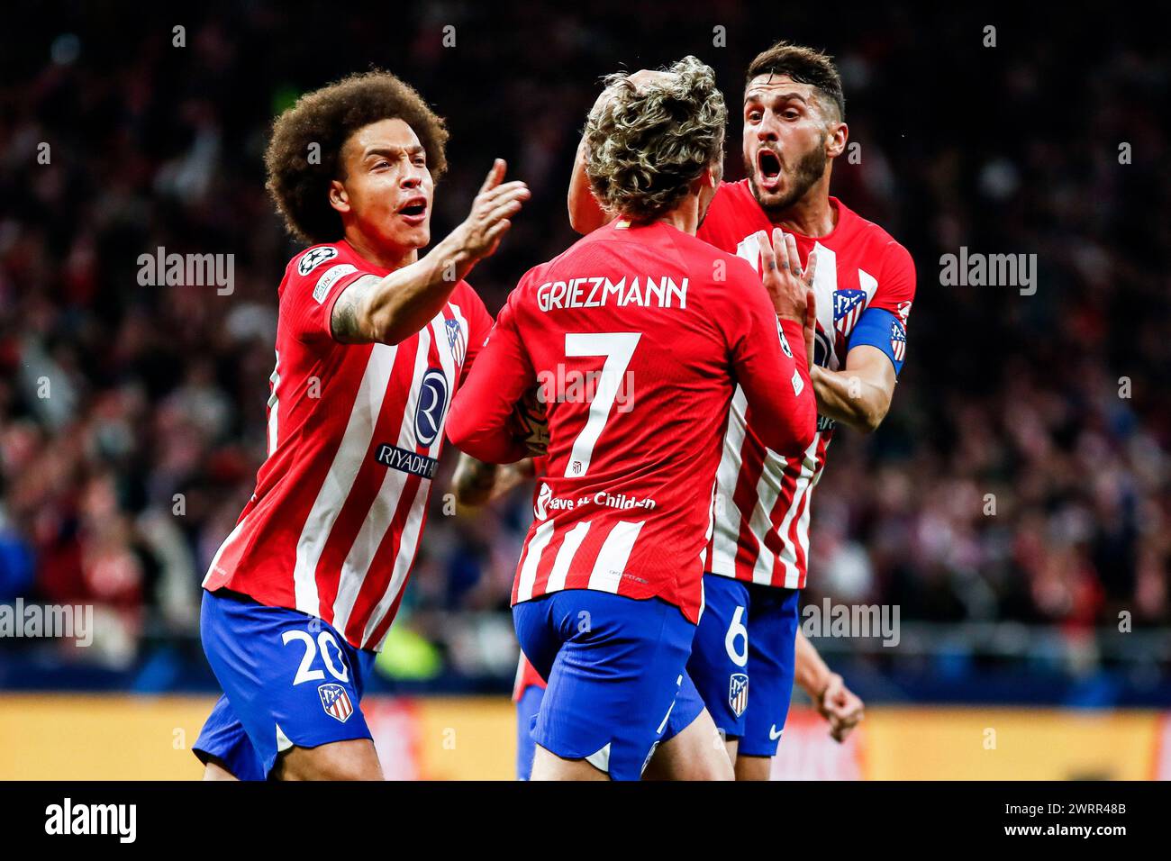 Antoine Griezmann of Atletico de Madrid celebrates his goal 1-1 with Axel Witsel, Jorge Resurreccion 'Koke' during the UEFA Champions League, Round of 16, 2nd leg football match between Atletico de Madrid and FC Internazionale on March 13, 2024 at Civitas Metropolitano stadium in Madrid, Spain Stock Photo