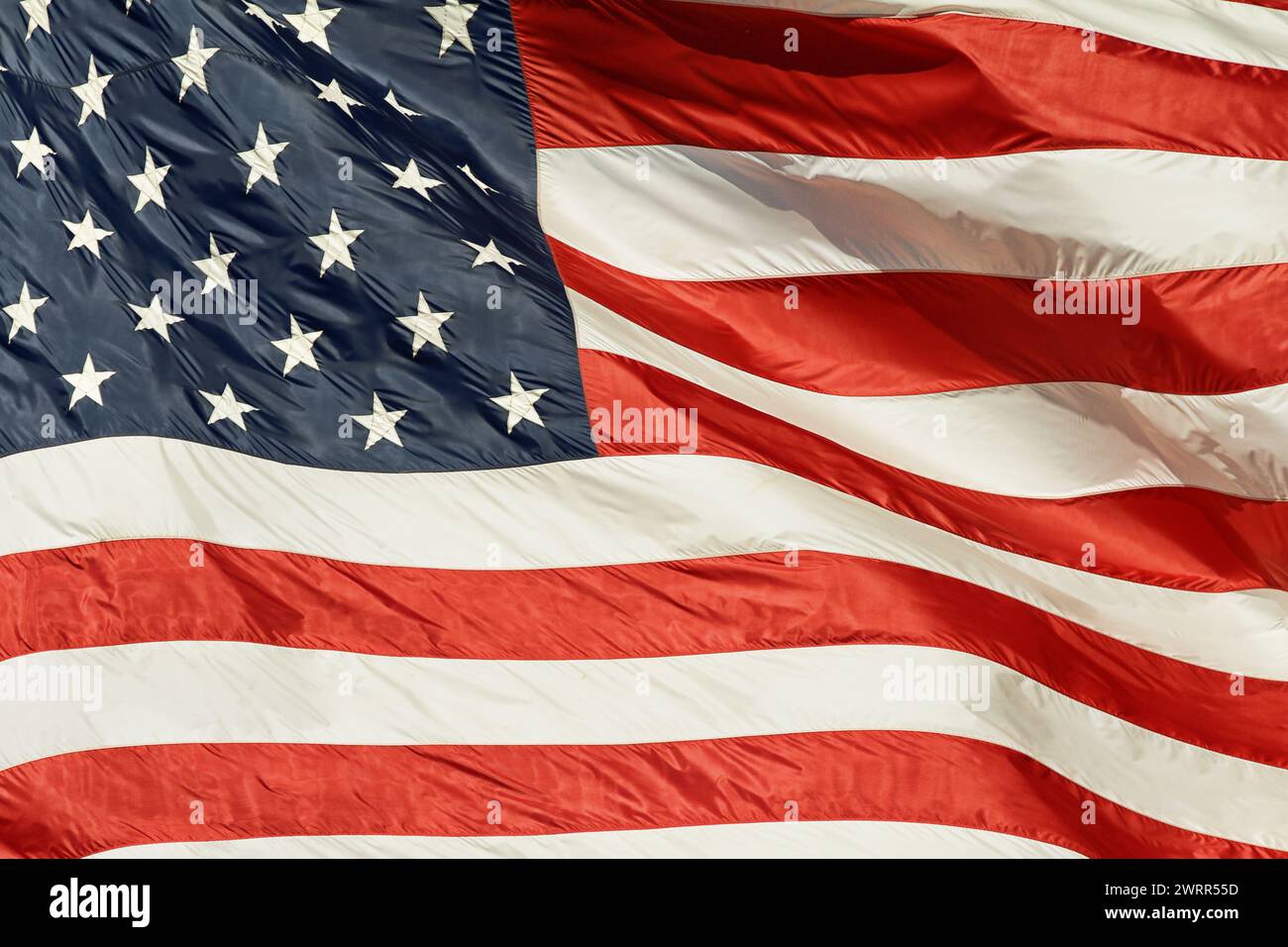 Star, stripes and American flag with symbol, graphic or illustration on banner, theme or abstract background. Waving icon of country heritage or glory Stock Photo