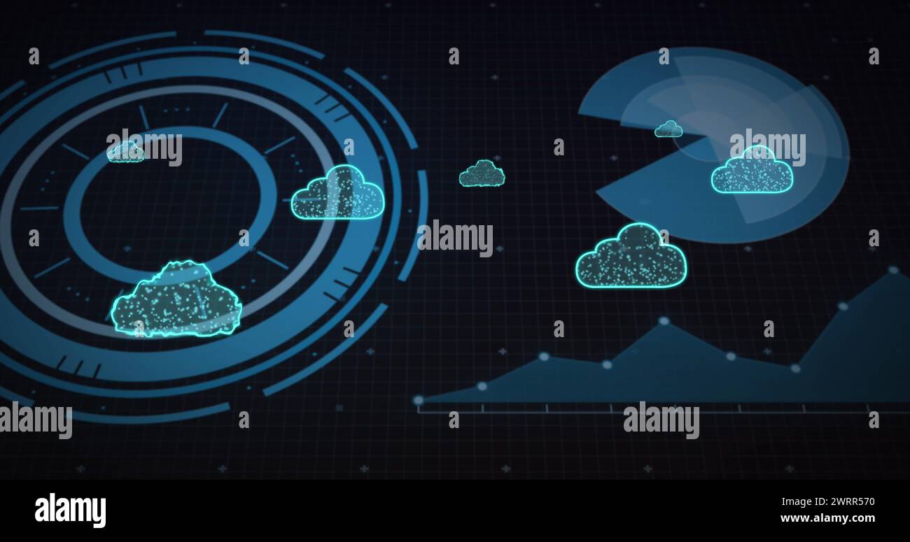 Image of cloud icons, scope scanning and data processing. Global cloud ...