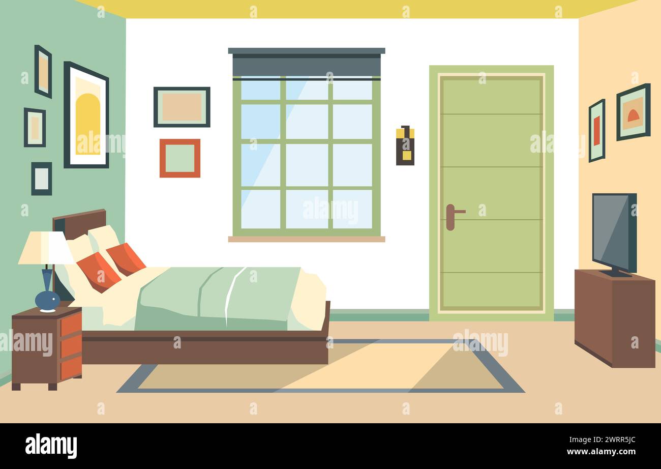 Flat Design of Bedroom Interior with Bed Furniture and Window in Home Stock Vector