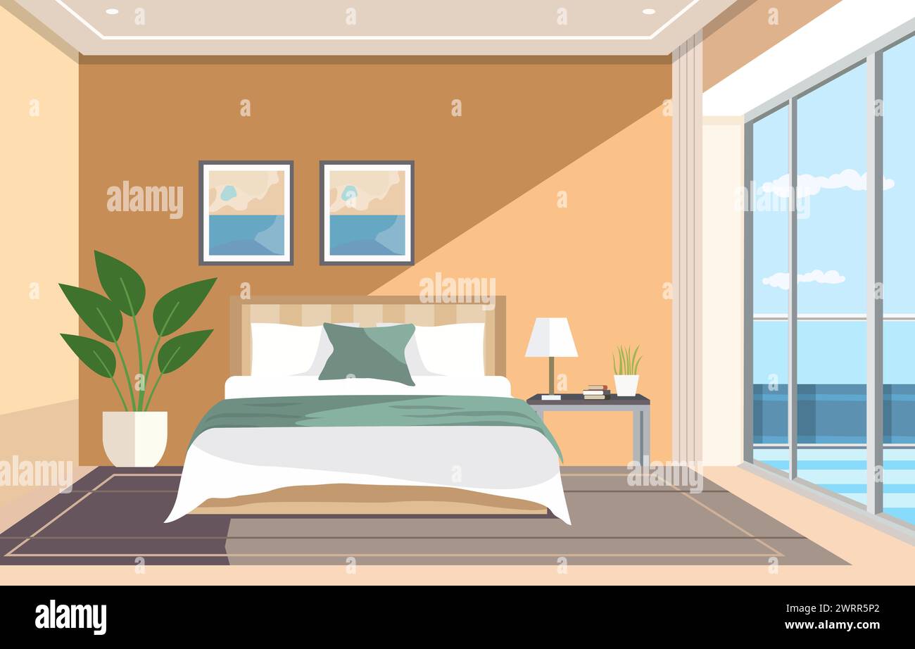 Flat Design of Bedroom with Bed Furniture Window and Plant in Hotel Stock Vector
