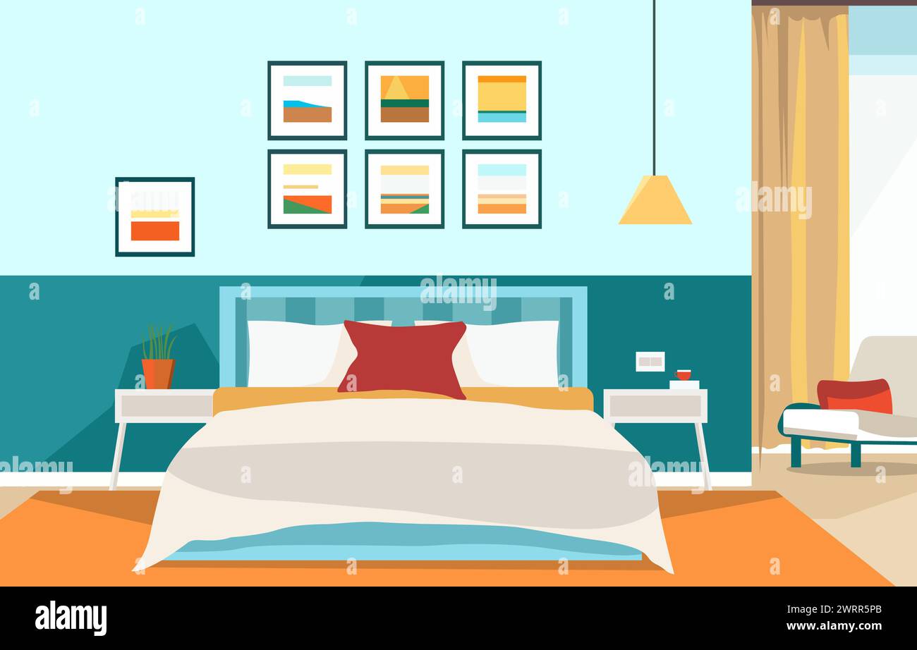 Flat Design of Bedroom Interior with Bed Furniture and Window in Home Stock Vector