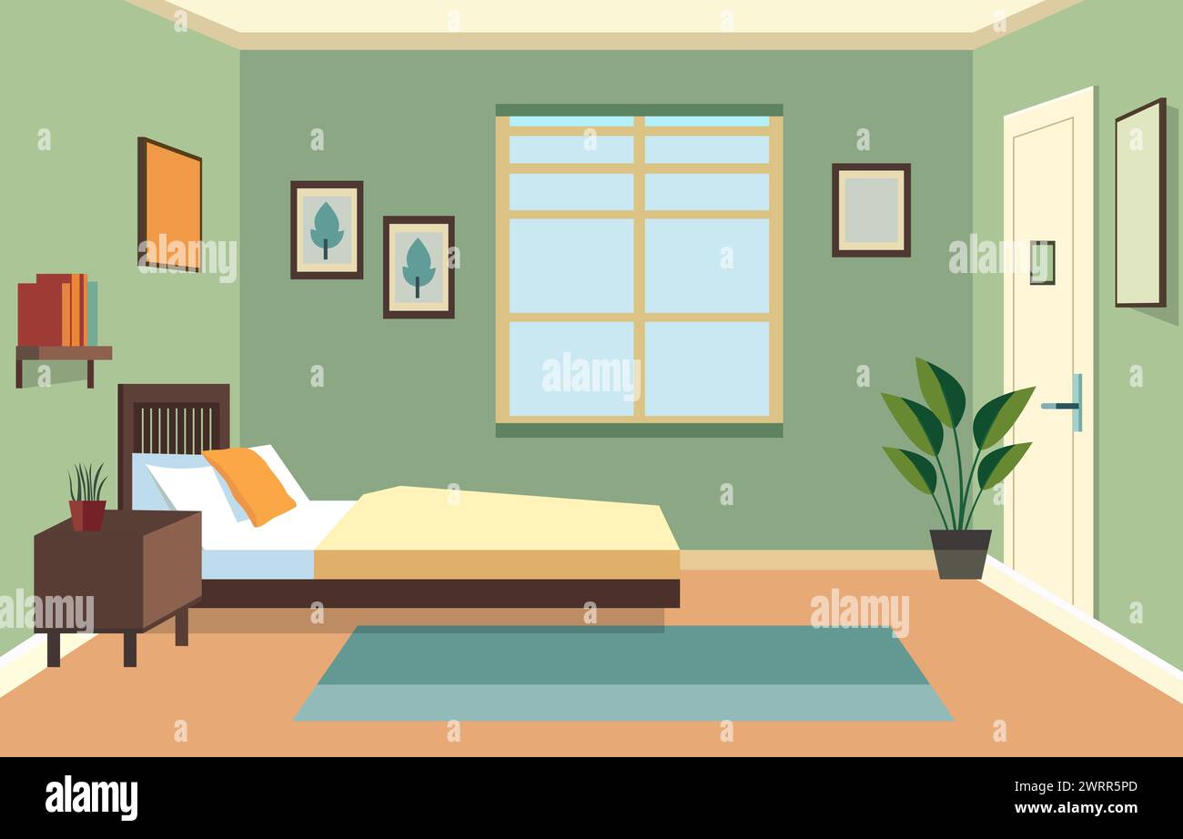 Flat Design of Bedroom with Bed Furniture Window in Simple House Stock Vector