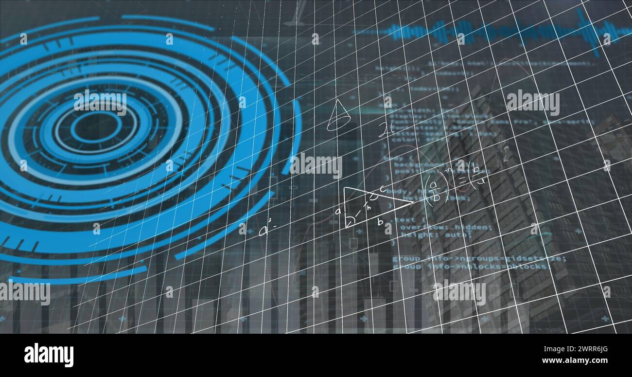Digital blue scope scans data on a grid, symbolizing global science and digital concepts. Stock Photo
