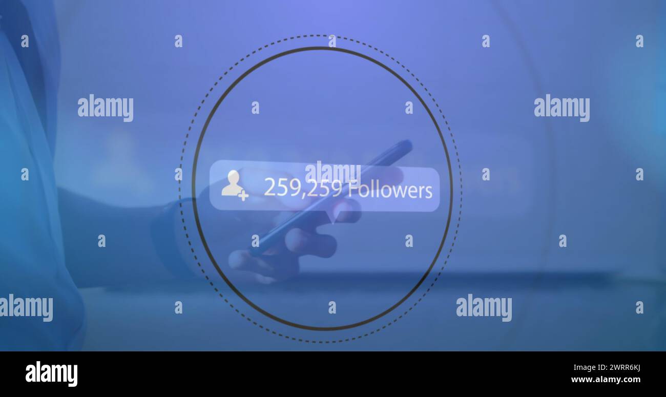 Image of digital interface Followers text and people icon with growing numbers on blue speech bubble Stock Photo