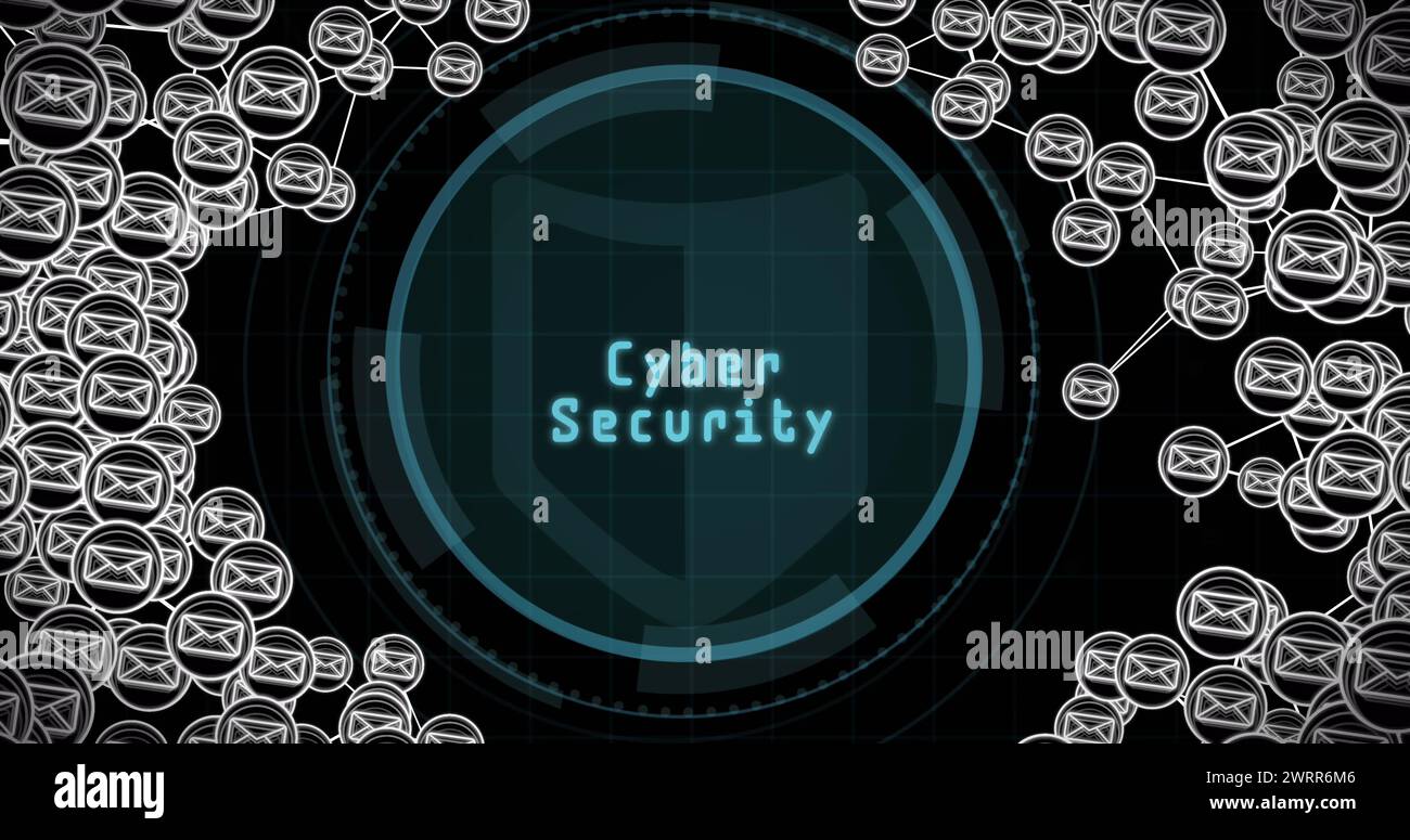 Network of message icons and cyber security text over round scanner ...
