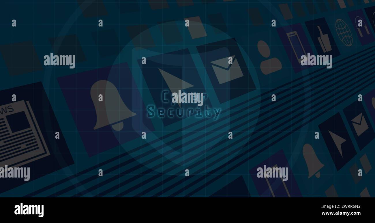 Cyber security text over round scanner against digital icons in ...