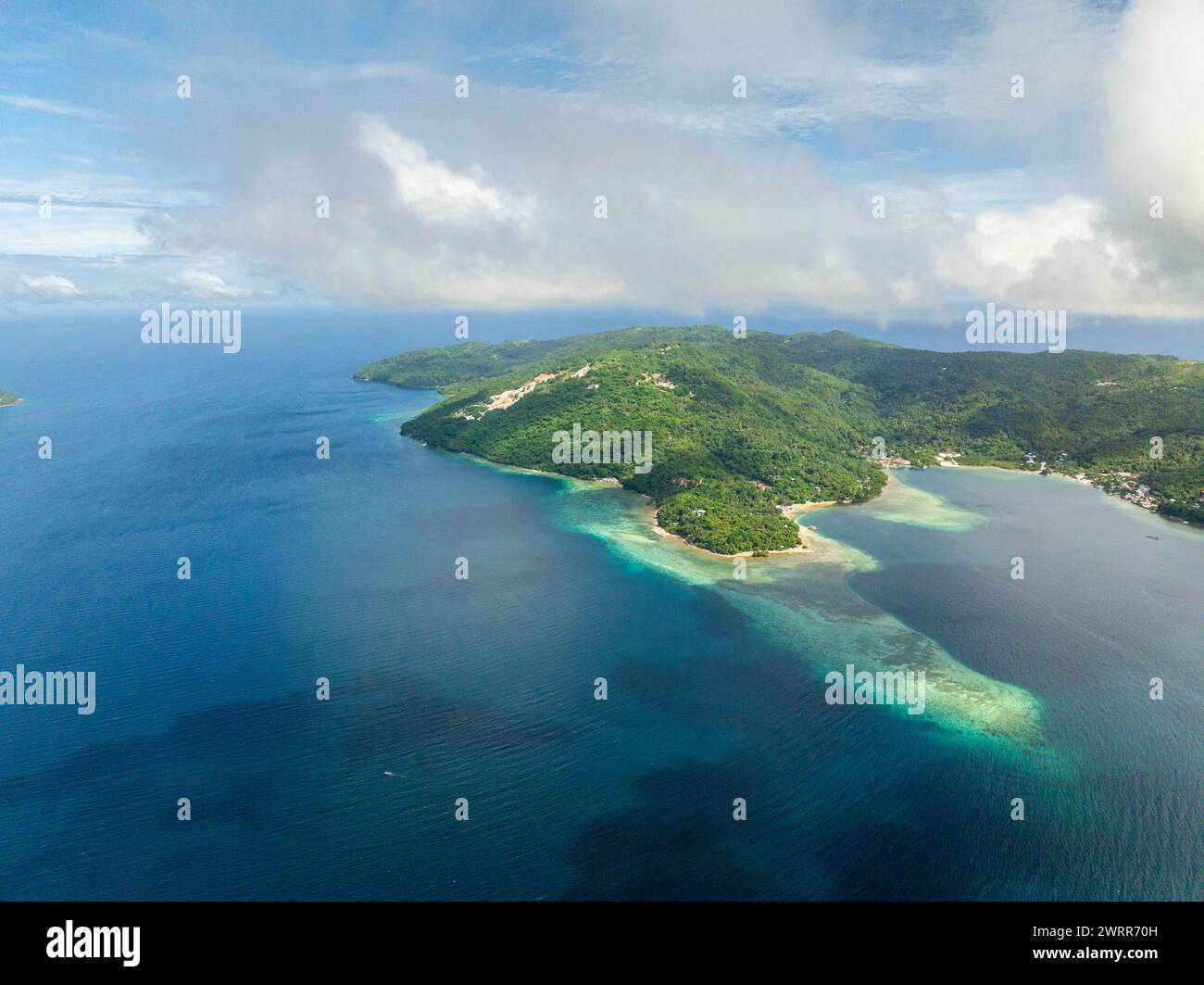 Aerial view of Blue sea around Romblon Island. Blue sky and clouds. Romblon, Philippines. Stock Photo