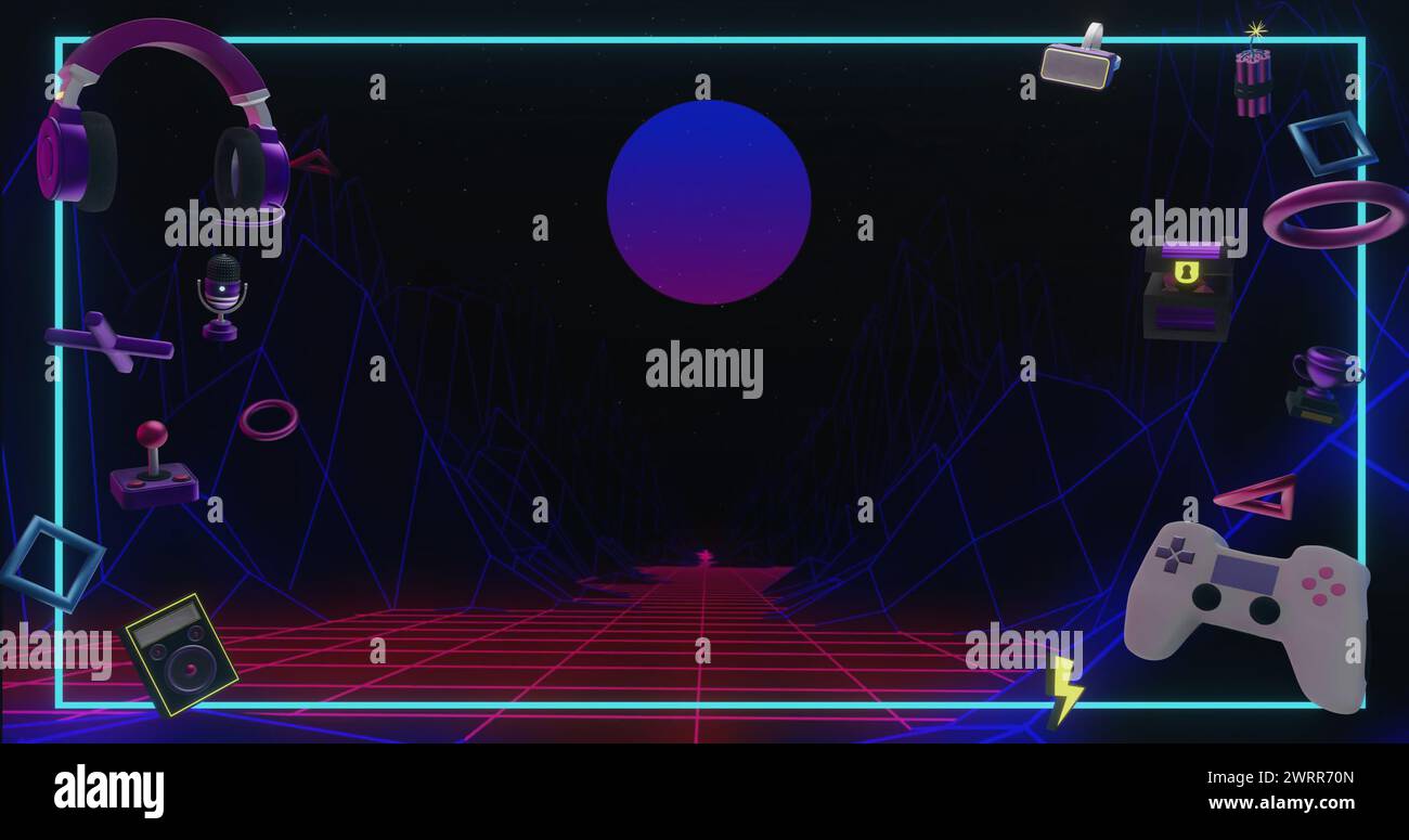 Image of gaming icons over digital mountains and sun Stock Photo