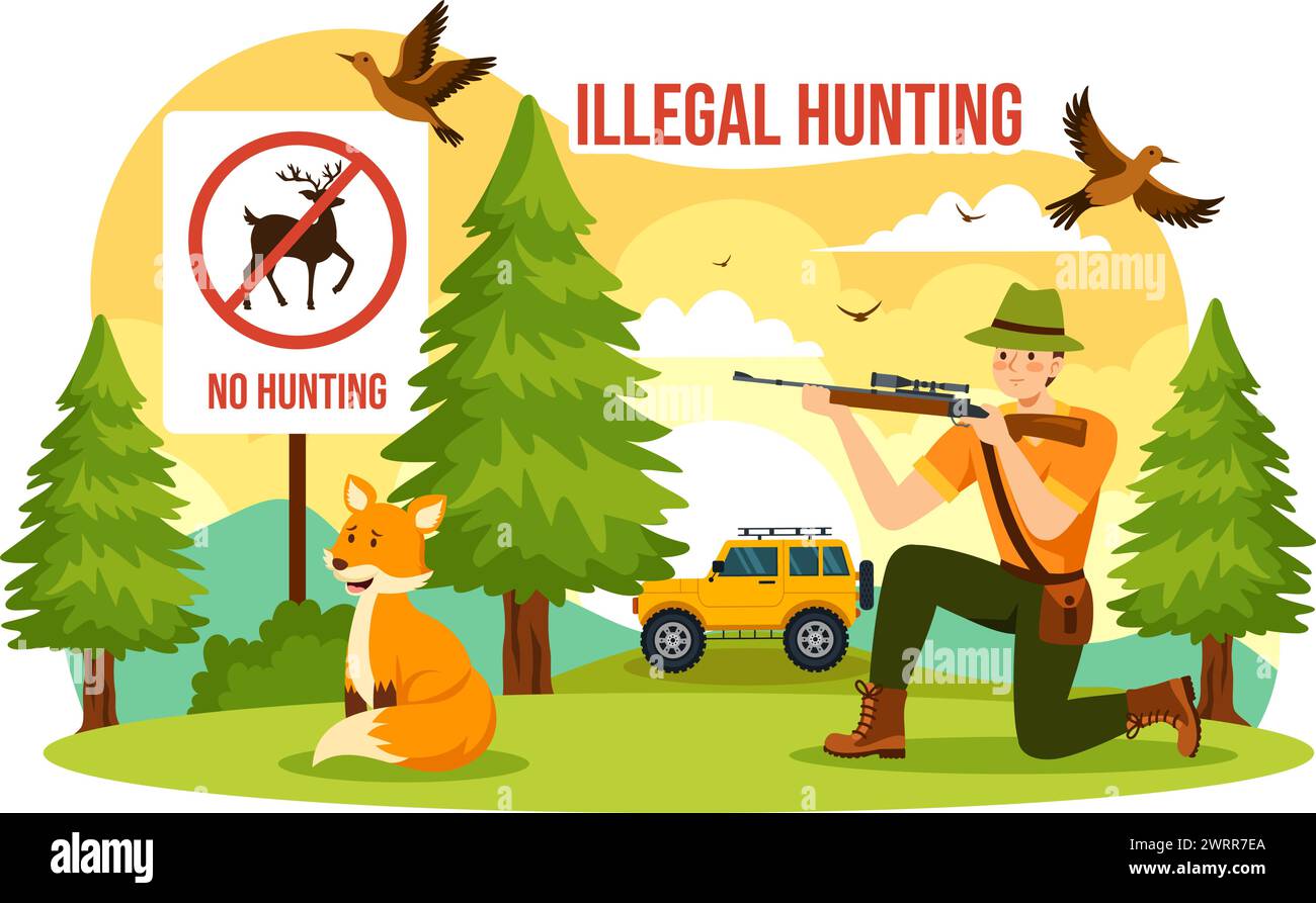 Illegal Hunting Vector Illustration by Shooting, Taking Wild Animals