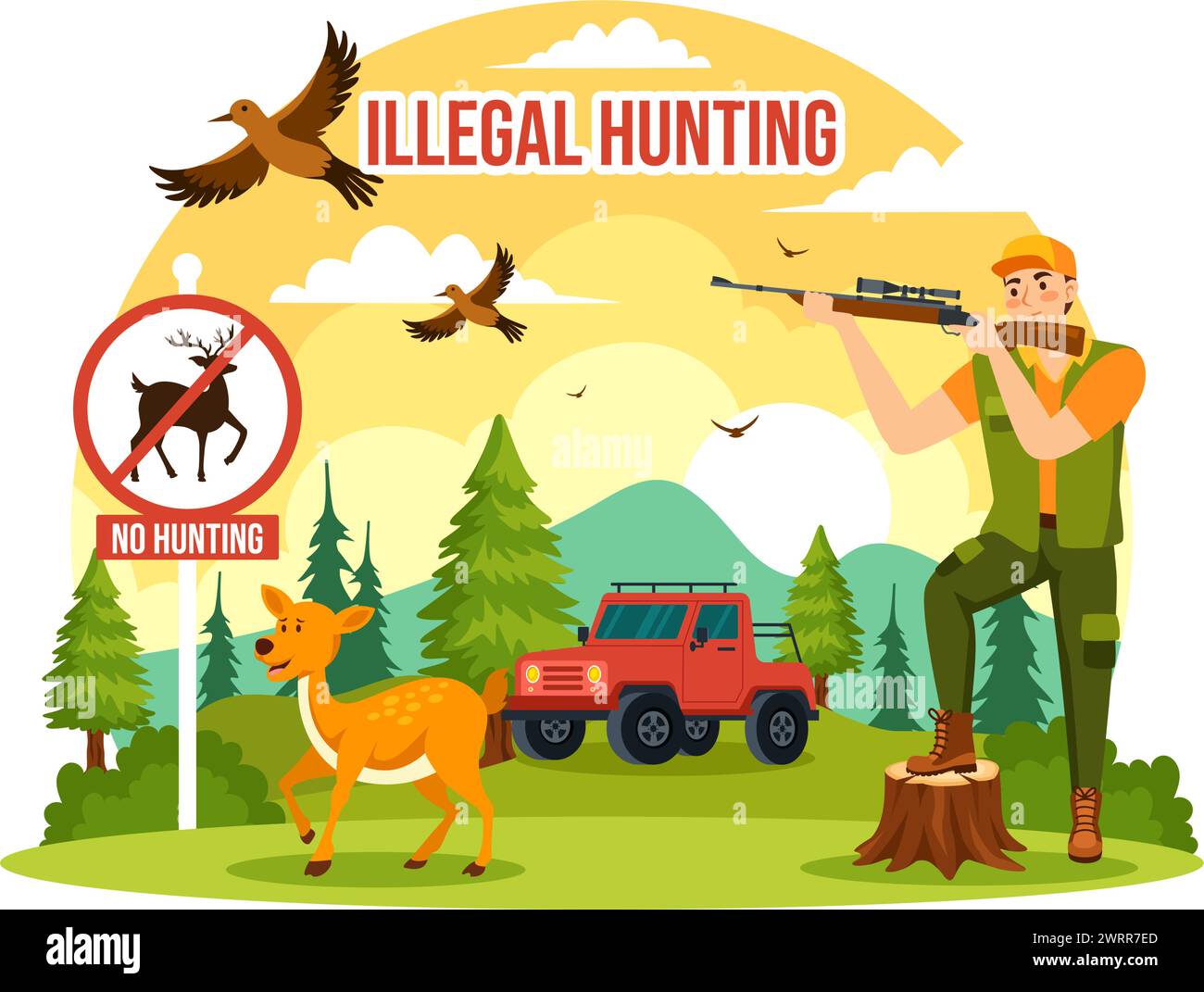 Illegal Hunting Vector Illustration by Shooting, Taking Wild Animals