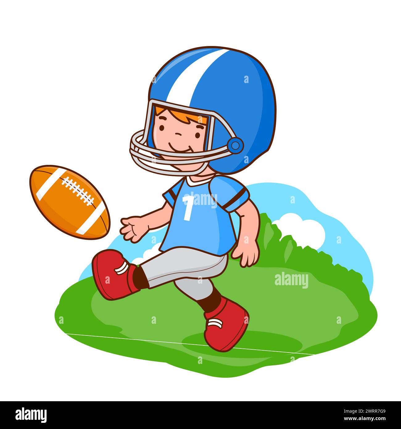 Little boy playing rugby. American football player. Stock Photo