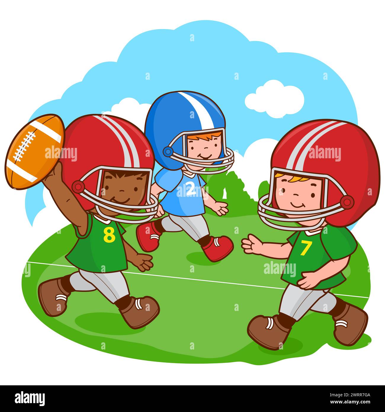 Children playing American football. Athletes kids play football. Stock Photo
