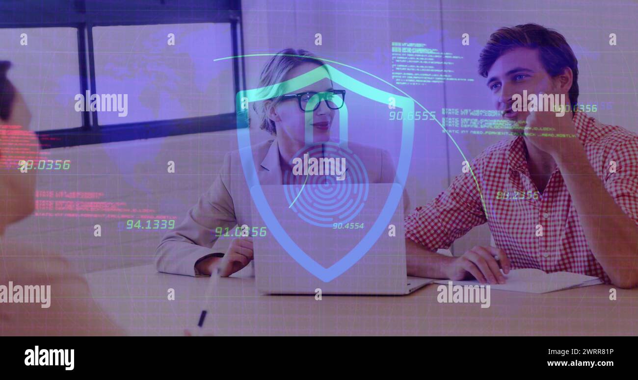 Image of digital shield with padlock over happy caucasian female and ...