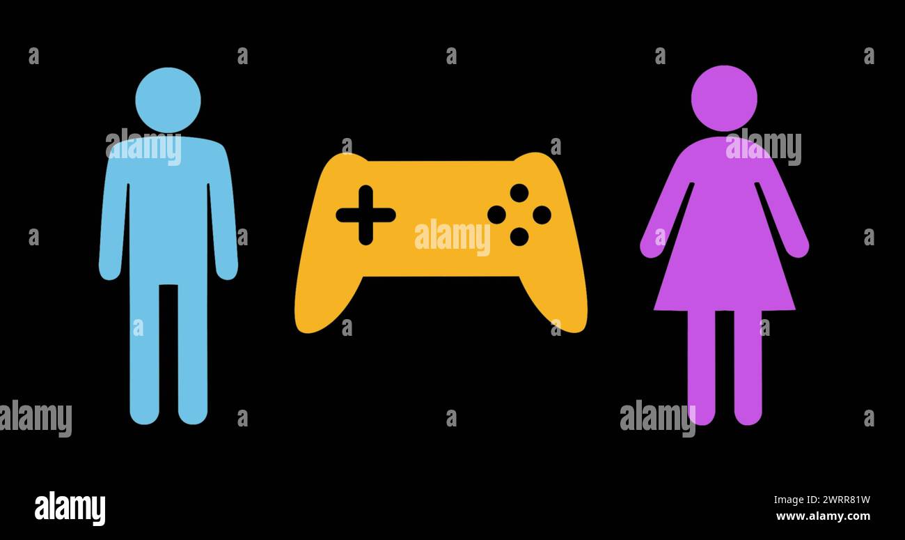 Male and female icons flank a central game controller icon Stock Photo