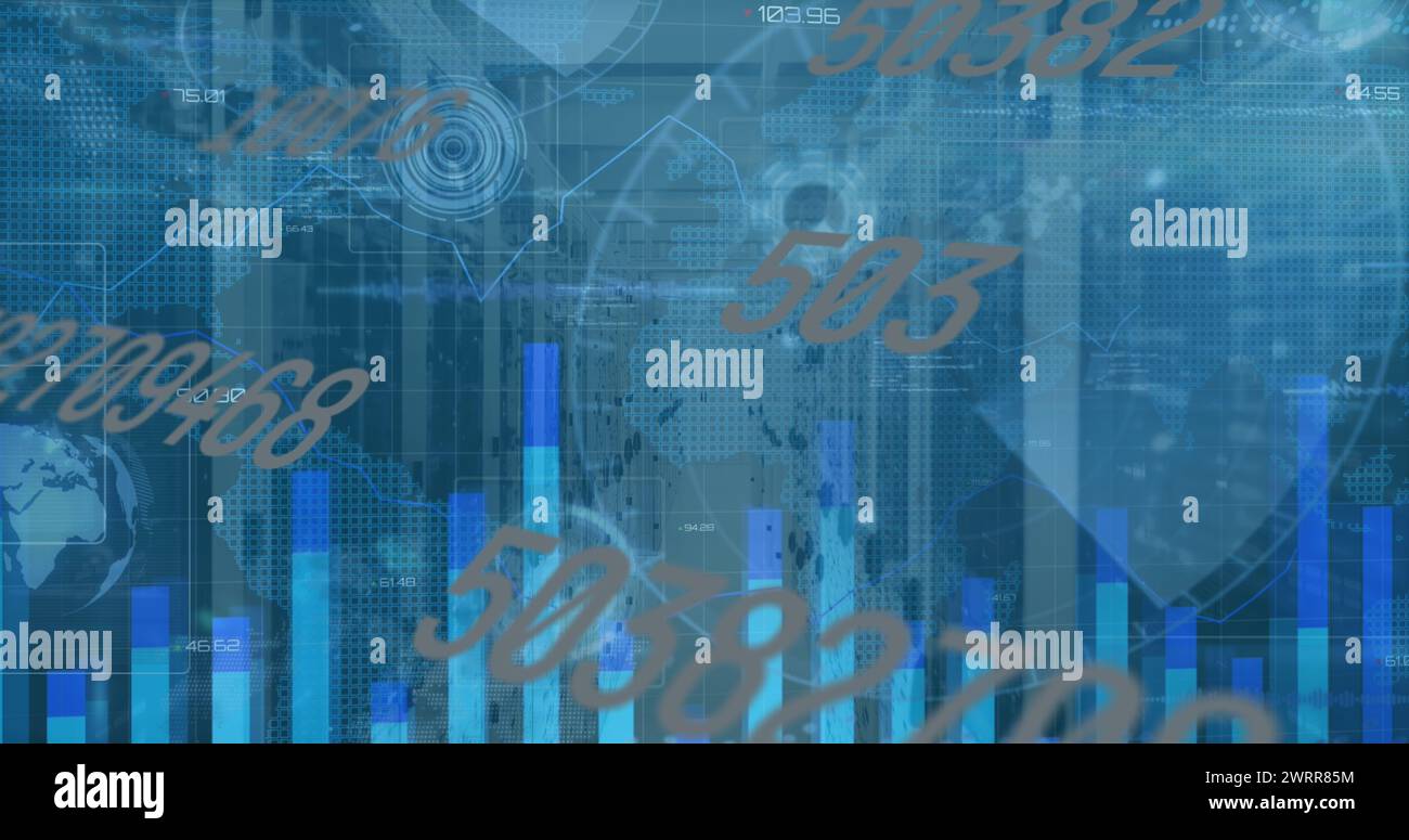 Image of data processing with graphs and charts on interface over ...