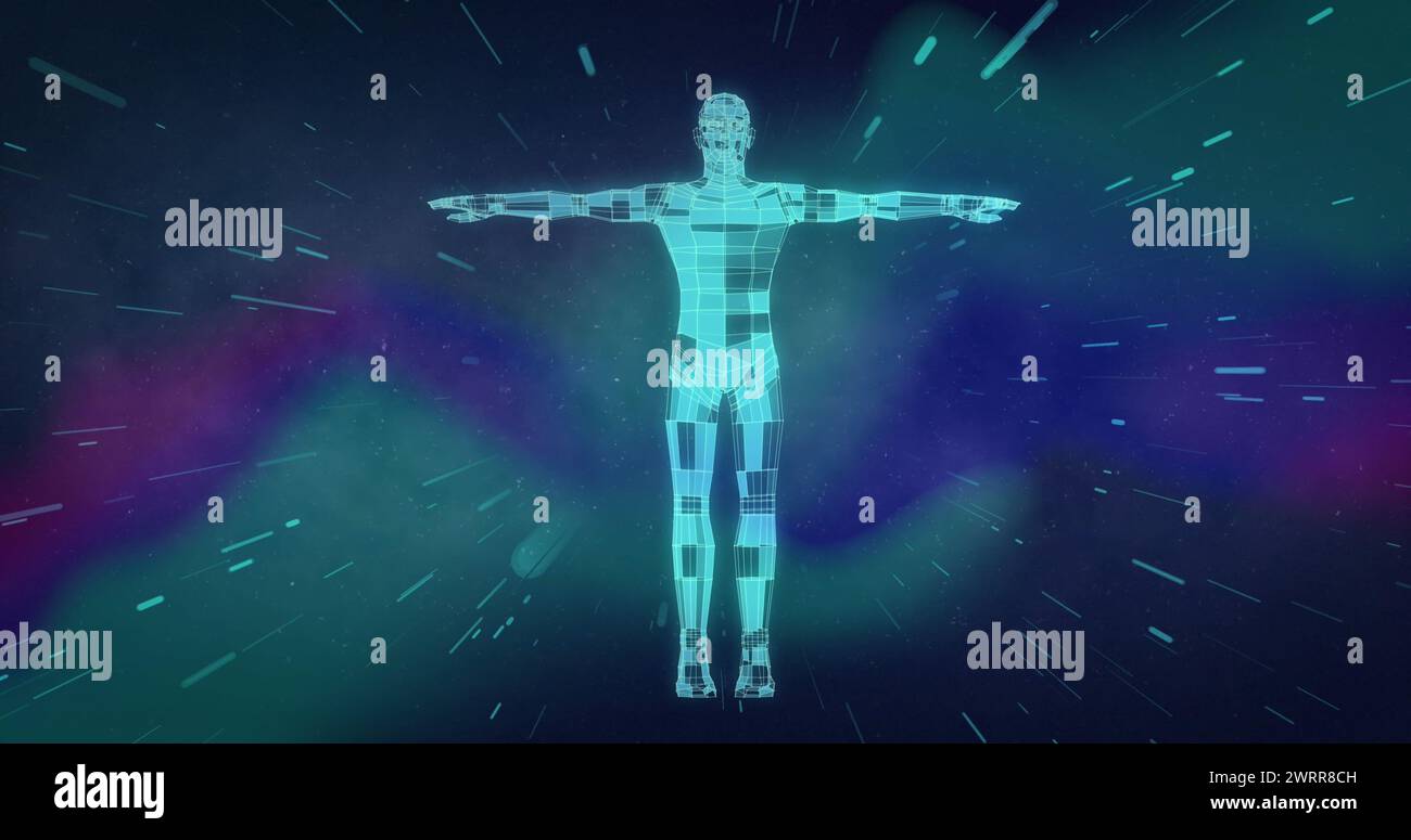 Image of shapes and digital human over black background. Technology ...