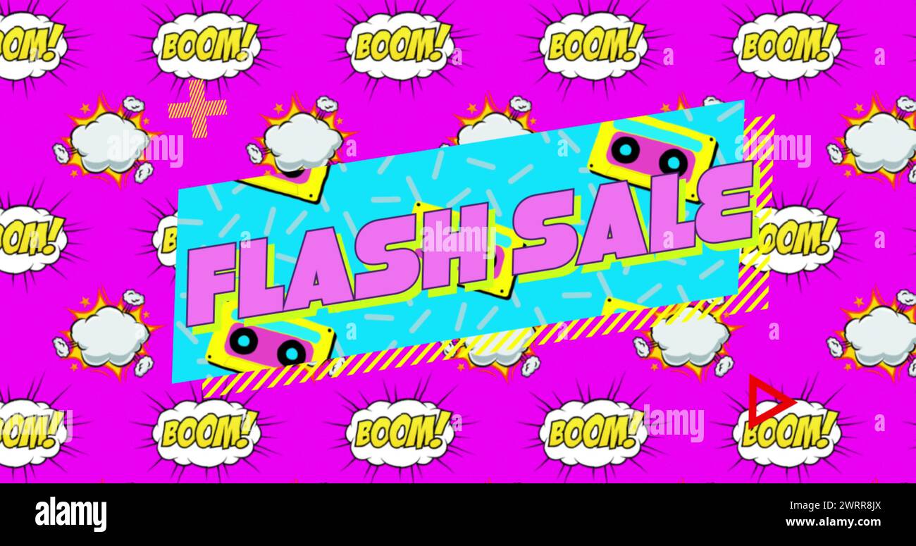 Flash sale banner with vintage comic design on pink background stock