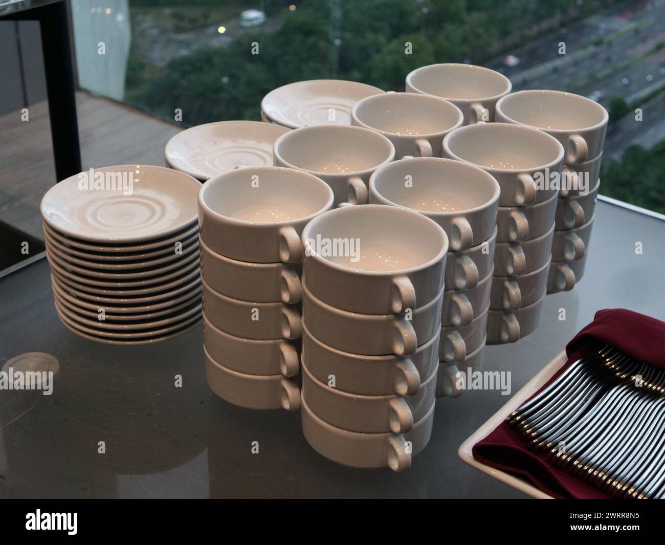 stack of bowls on the table Stock Photo