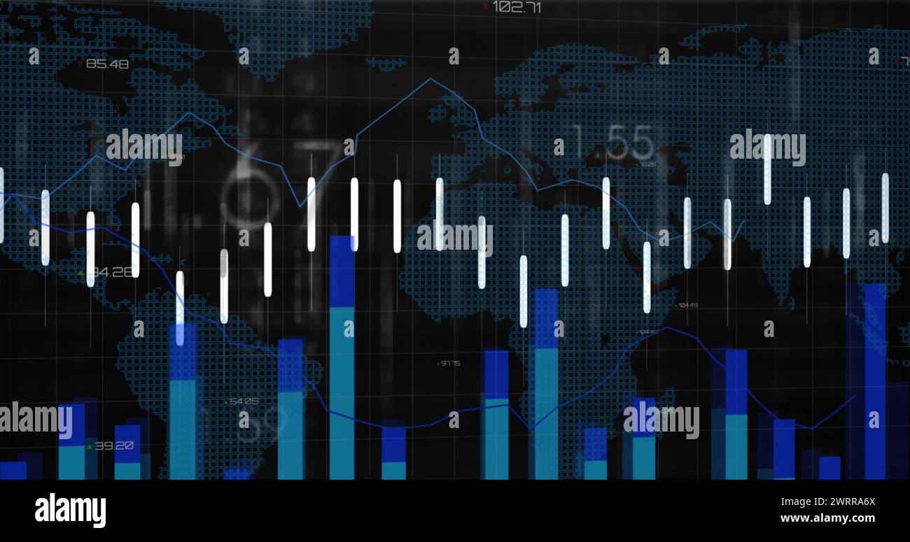 Image of financial data processing over world map on black background ...