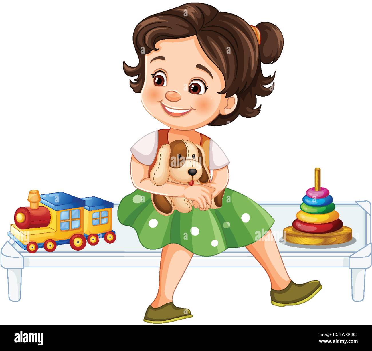 Smiling girl holding a puppy with toys nearby. Stock Vector