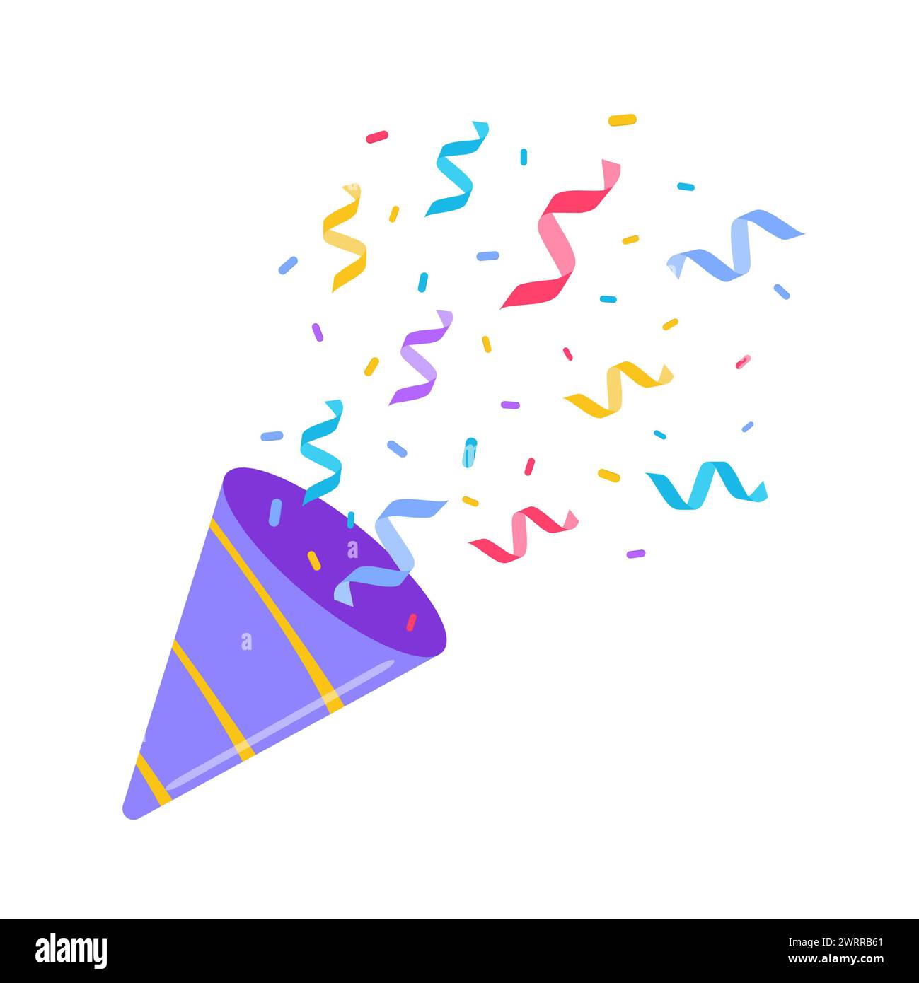 Multi-colored confetti are flying out of a firecracker. Confetti, serpentine, tinsel on a white background. Holiday, birthday. Stock Photo
