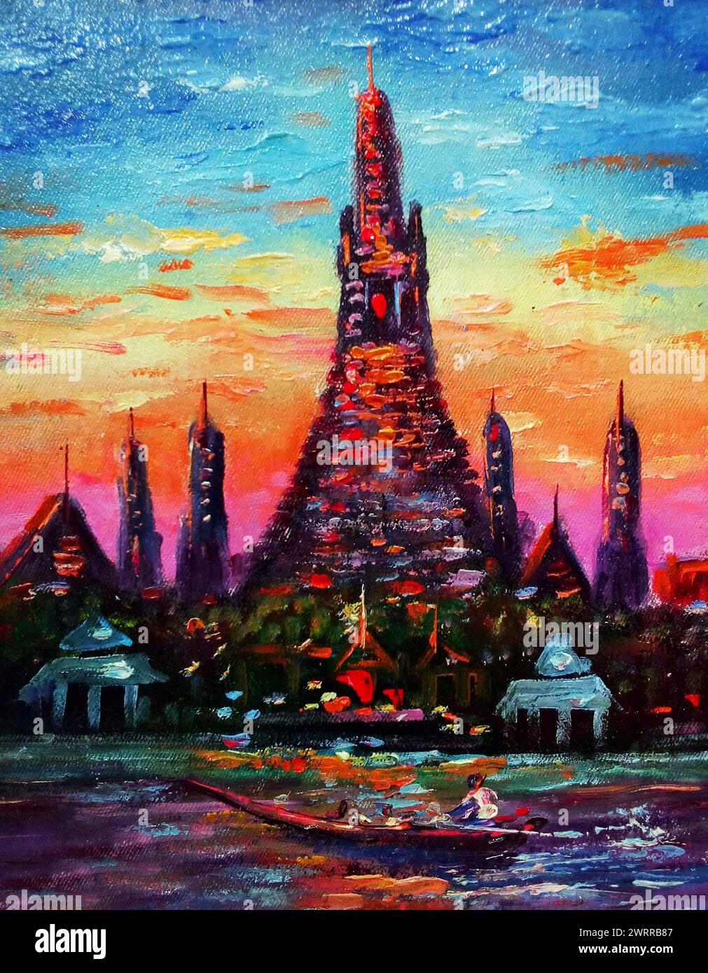 Original painting Oil color thai temple   wat arun , Siam Land of Smiles Stock Photo