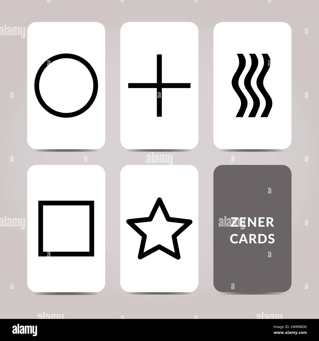 Zener Cards Deck - 5 Elements Vector Illustration - Tool Method for Telepathy Testing - Circle, Plus, Waves, Square and Star Symbols Black and White Stock Vector