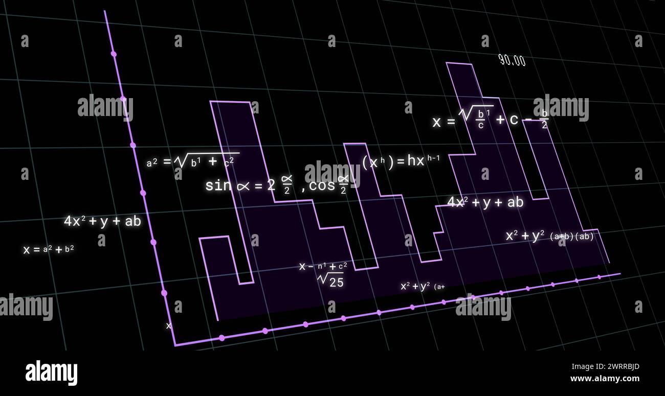 Image of mathematical equations over graph on black background Stock Photo